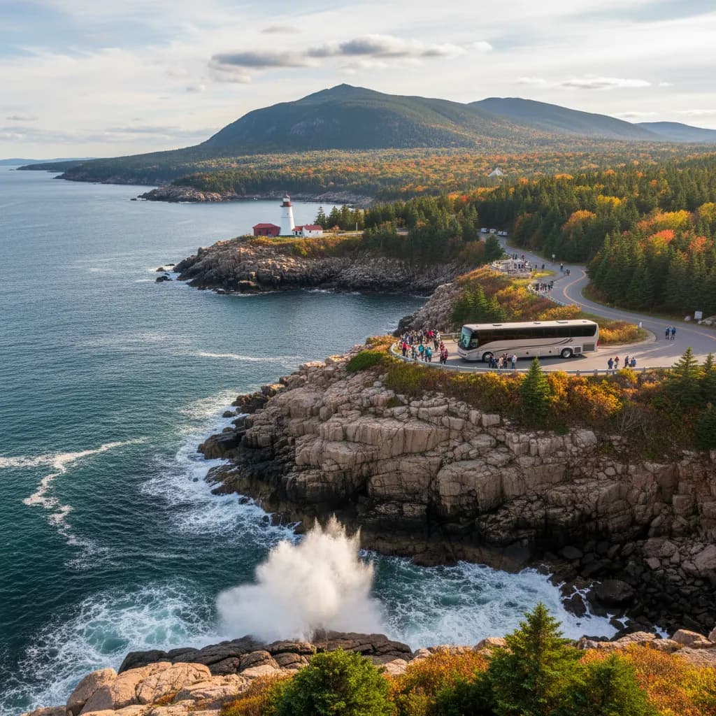 Granite cliffs and spruce forest meeting the Atlantic along the rocky shoreline of Acadia National Park in Maine