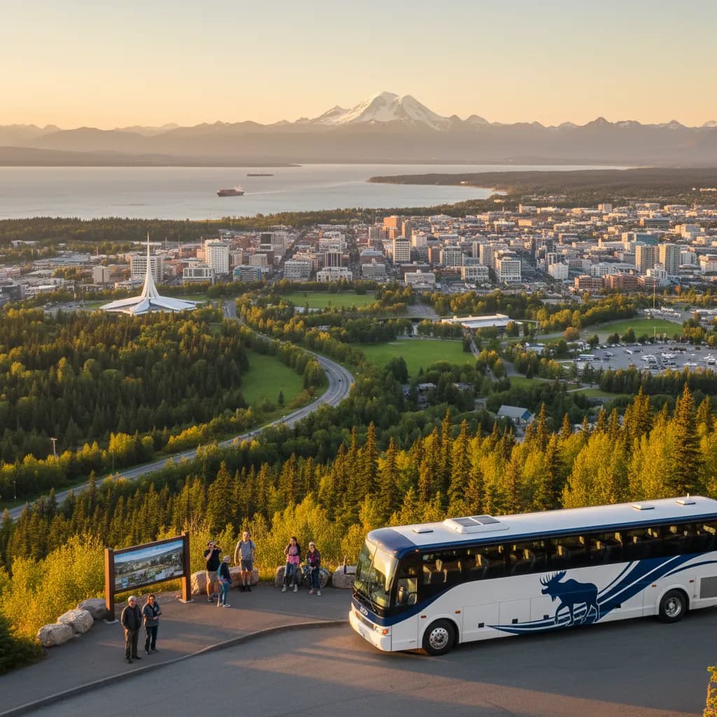 Passengers boarding a charter bus at an Anchorage viewpoint on a clear summer evening