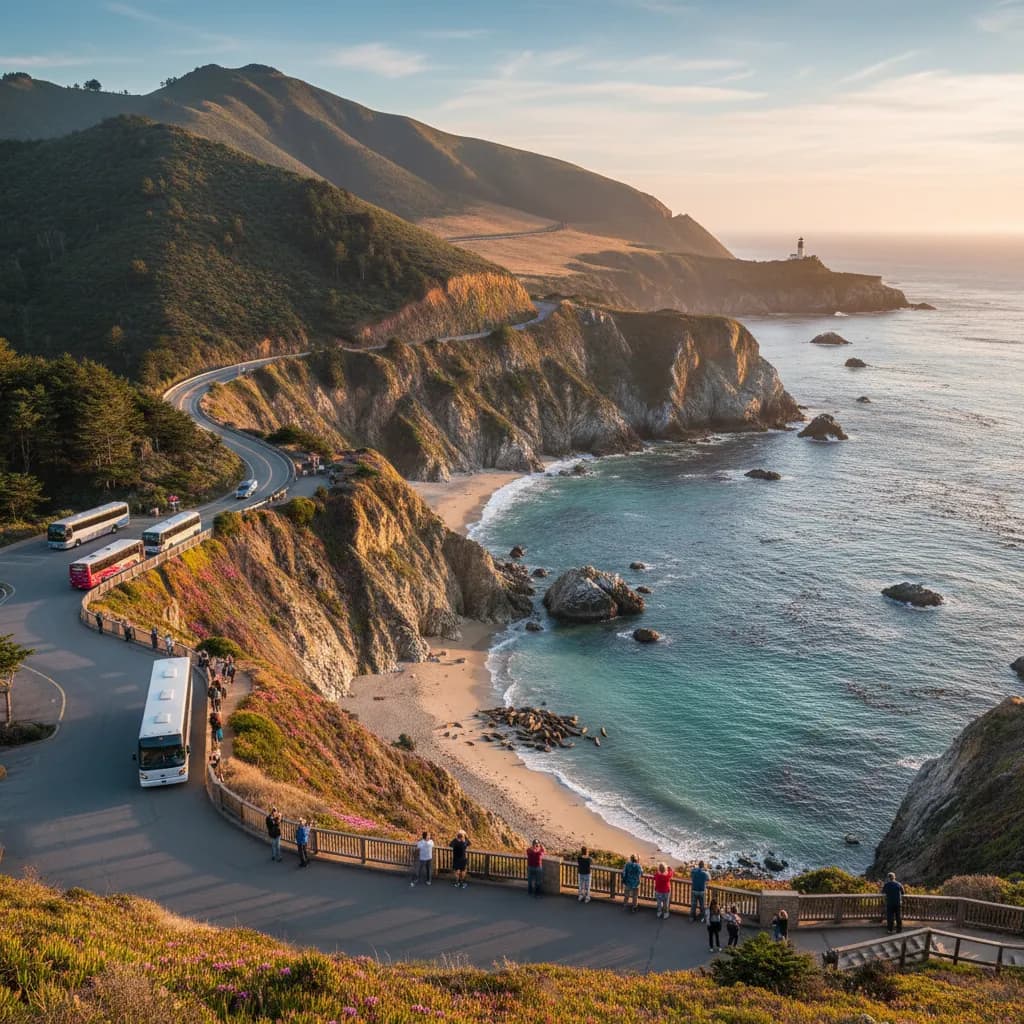A group at a Big Sur overlook with redwood-covered hills falling to the ocean behind them