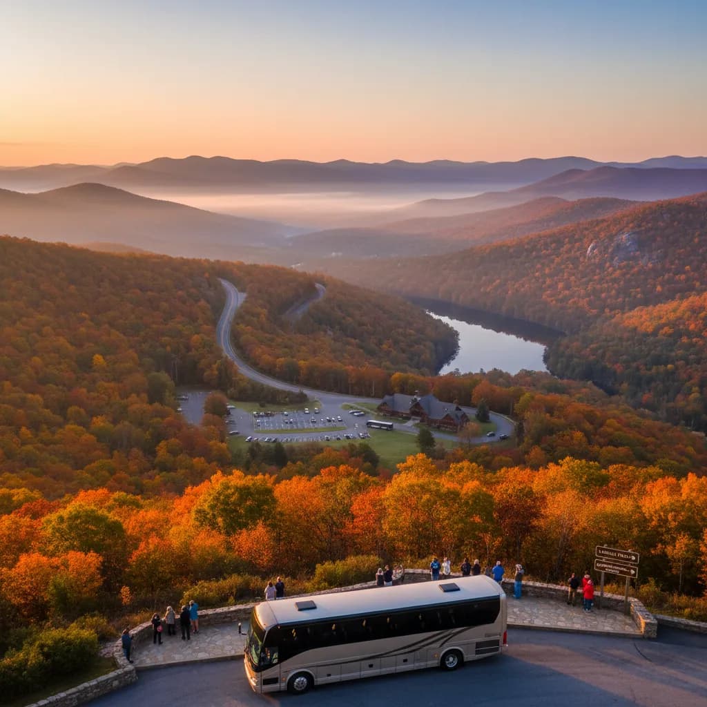 Layered blue mountain ridges fading into haze from a Parkway overlook at sunset