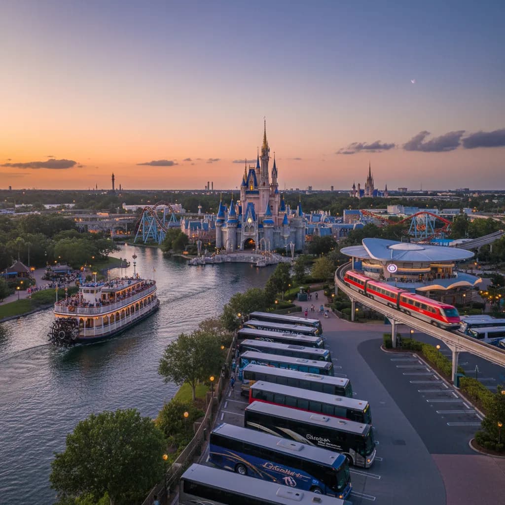A group boarding a mini bus outside their Orlando hotel in early morning light before a full day in the parks