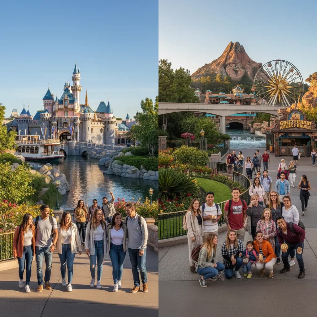 The main entrance plaza at Disneyland in Anaheim with guests arriving in the morning