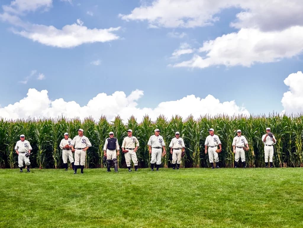 Ballplayers in vintage uniforms walking out of the corn at the Field of Dreams site in Dyersville