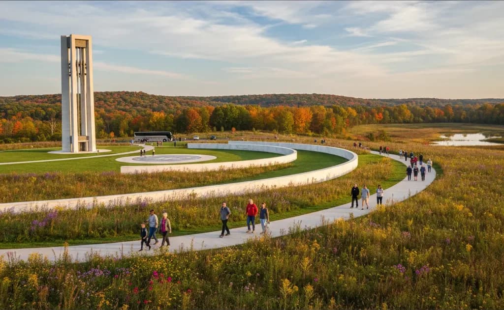 The Wall of Names at the Flight 93 National Memorial standing along the flight path