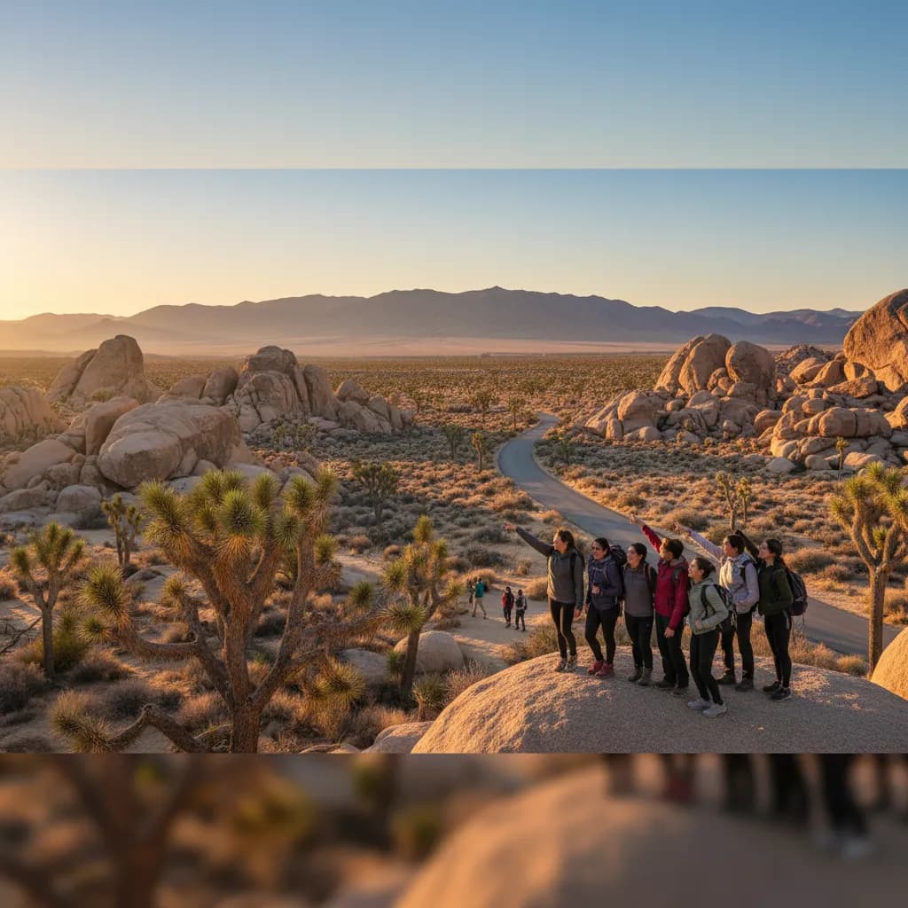 Joshua trees and piled granite boulders under a clear desert sky at Joshua Tree National Park