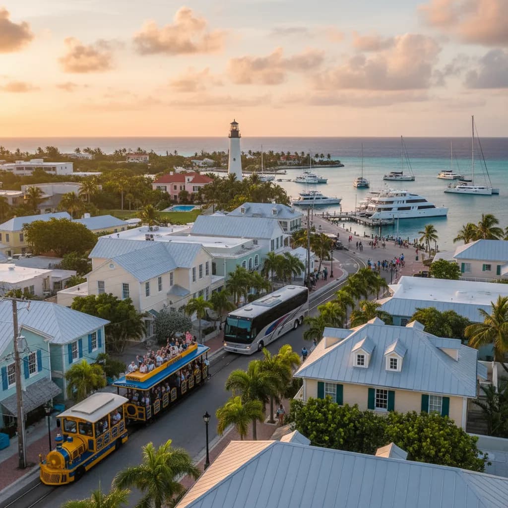 Passengers stepping off a charter bus near the waterfront in Old Town Key West late in the afternoon