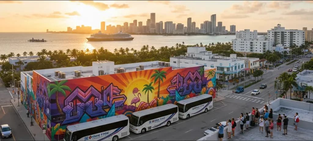 A group unloading luggage from a motorcoach at the Port of Miami cruise terminal on embarkation morning