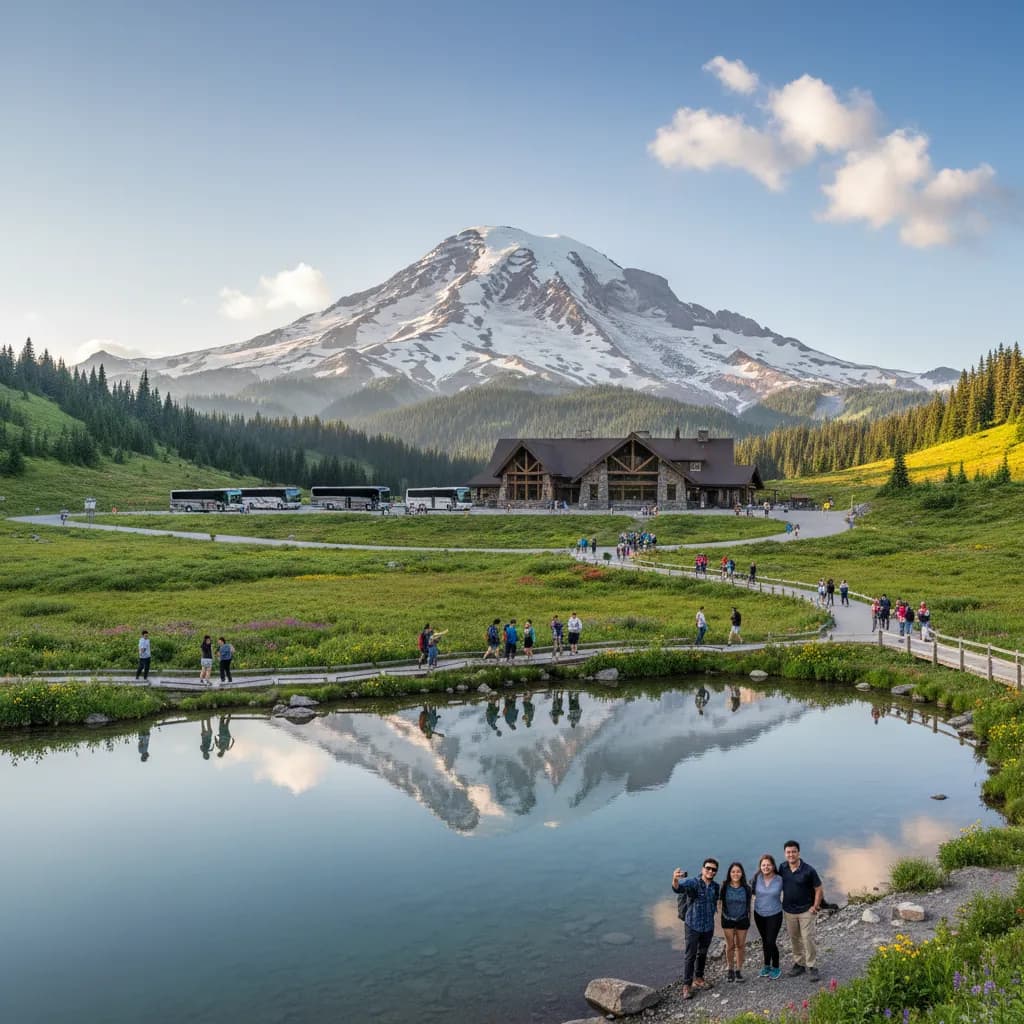 Mount Rainier rising above wildflower meadows at Paradise on a clear summer day