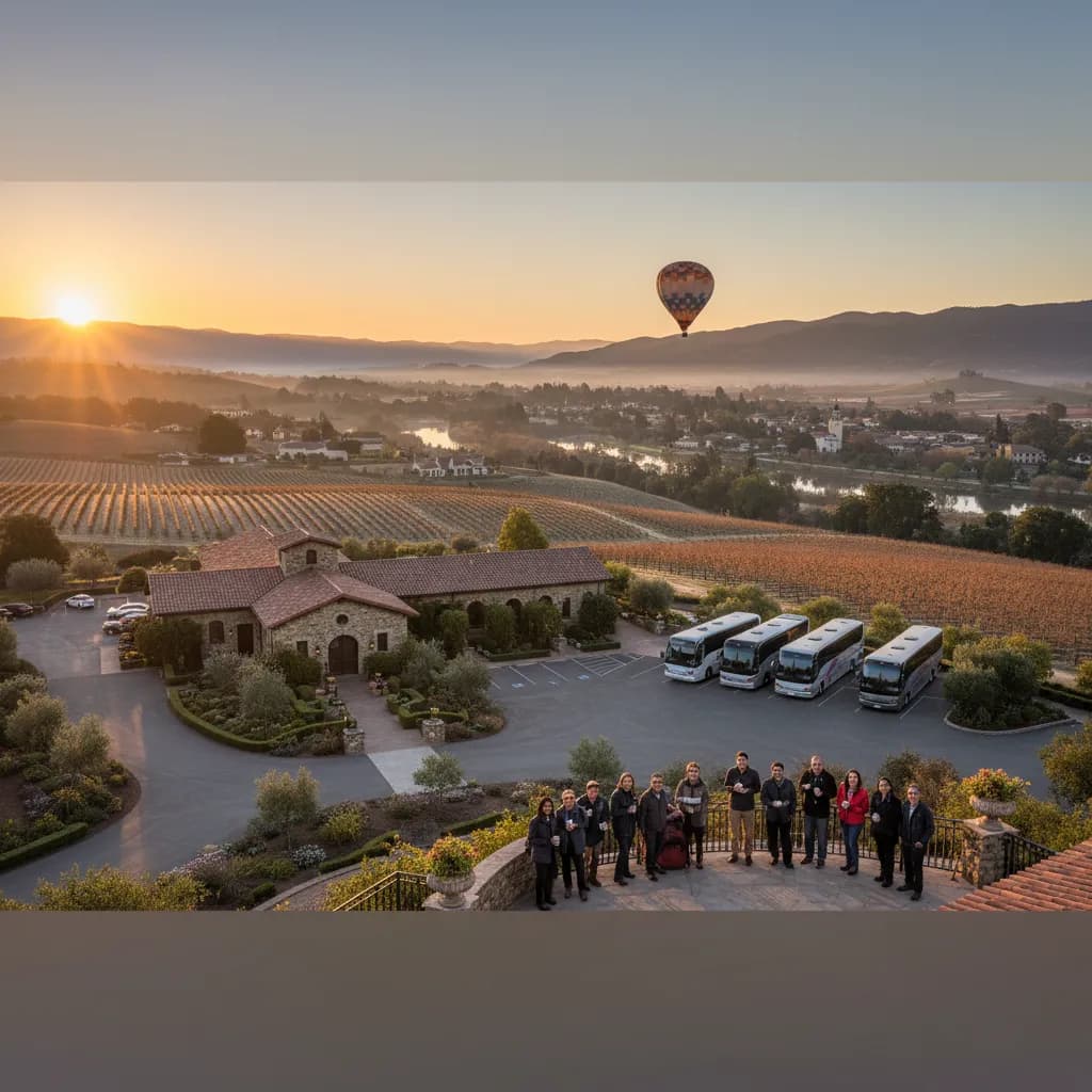 A winery tasting terrace in Napa Valley set up for a group in afternoon light