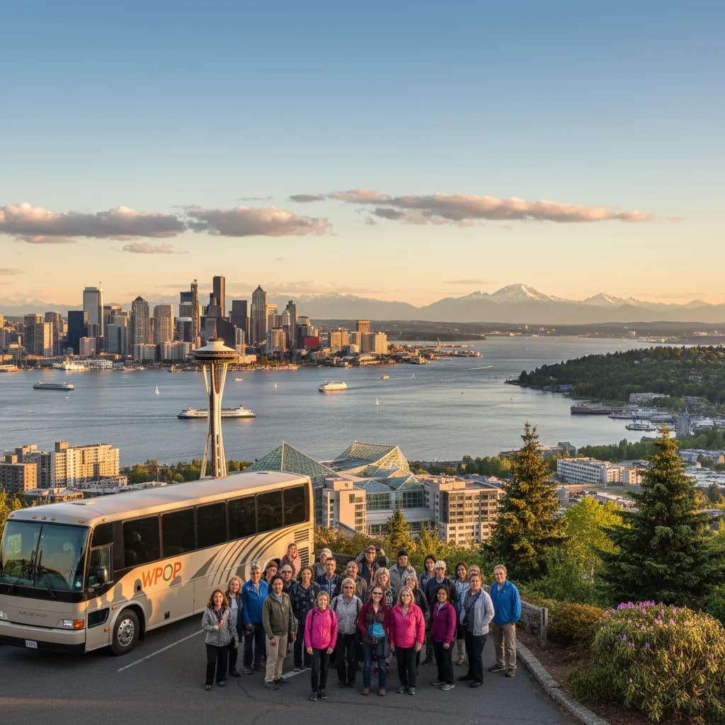 The Space Needle above the Seattle skyline with Elliott Bay and the Olympic Mountains behind