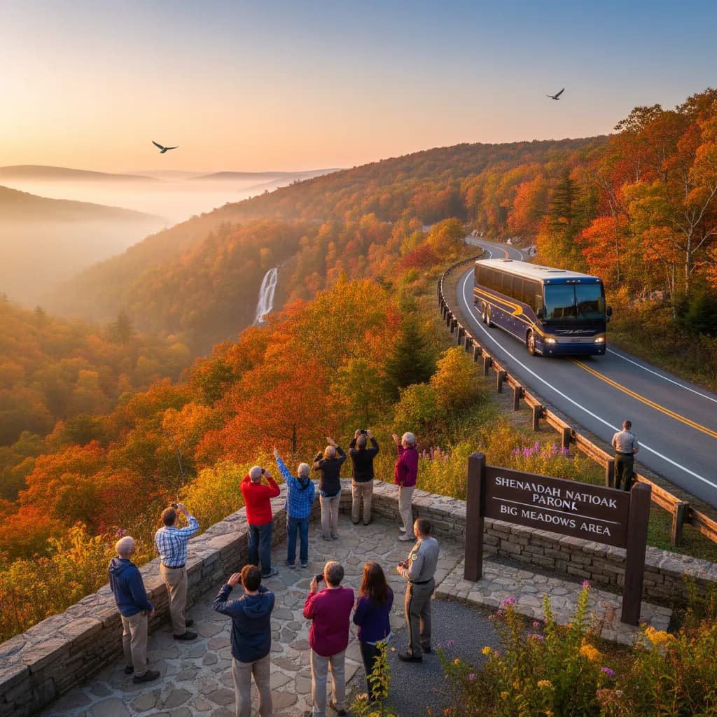 Autumn forest along the roadside of Skyline Drive with a stone overlook wall