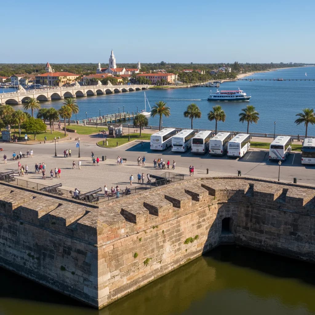 The stone walls of Castillo de San Marcos beside Matanzas Bay in St. Augustine, Florida, with the historic district behind