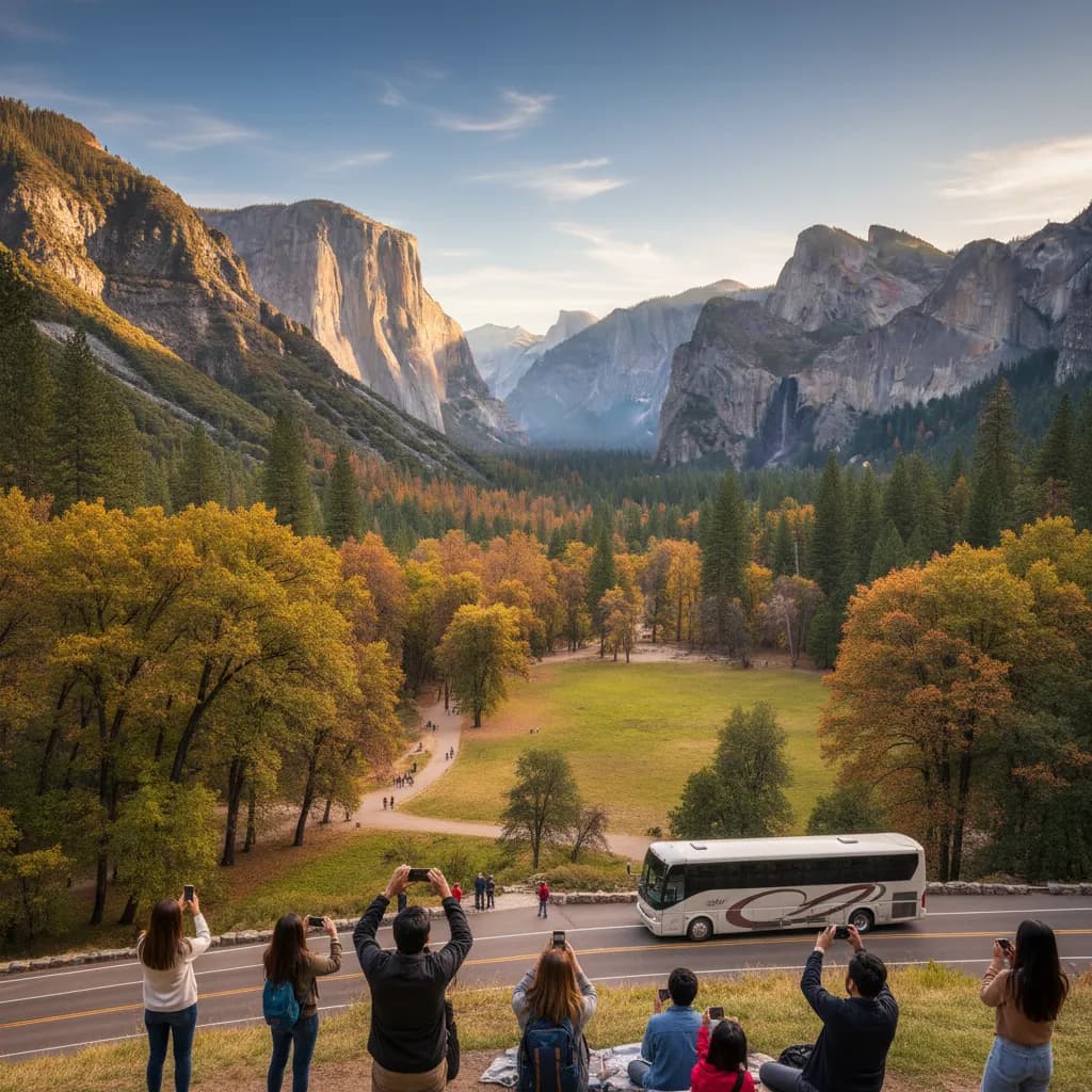 Half Dome and the granite walls of Yosemite Valley seen from the valley floor