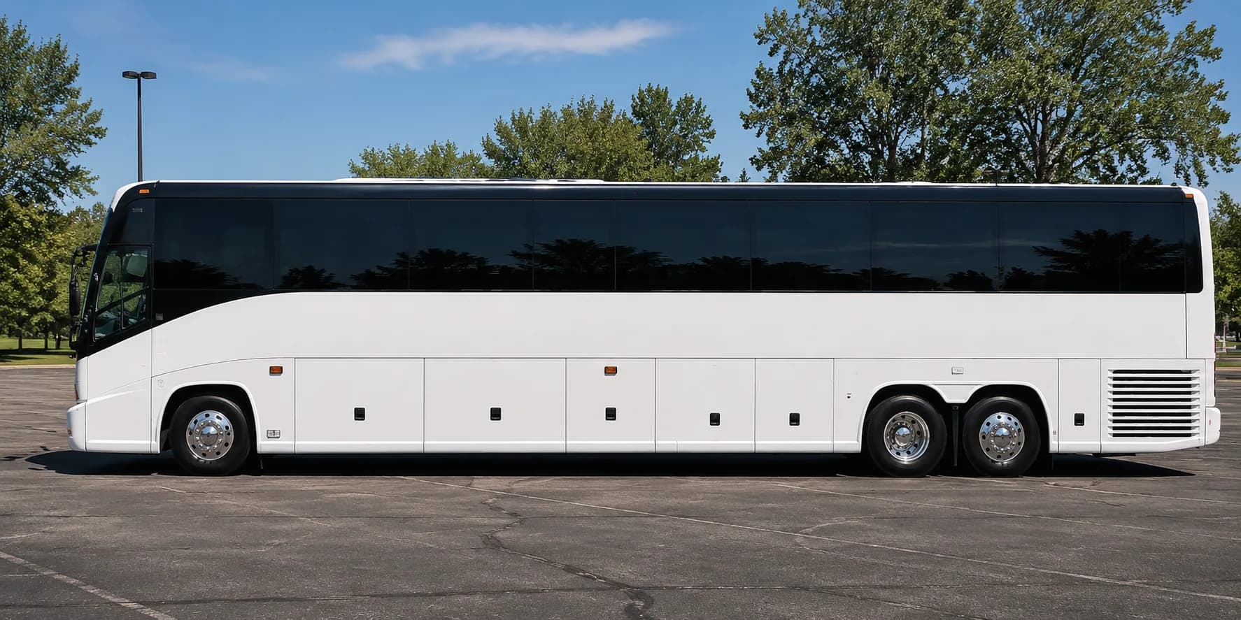 Motor coach exterior parked and ready for a long-distance trip
