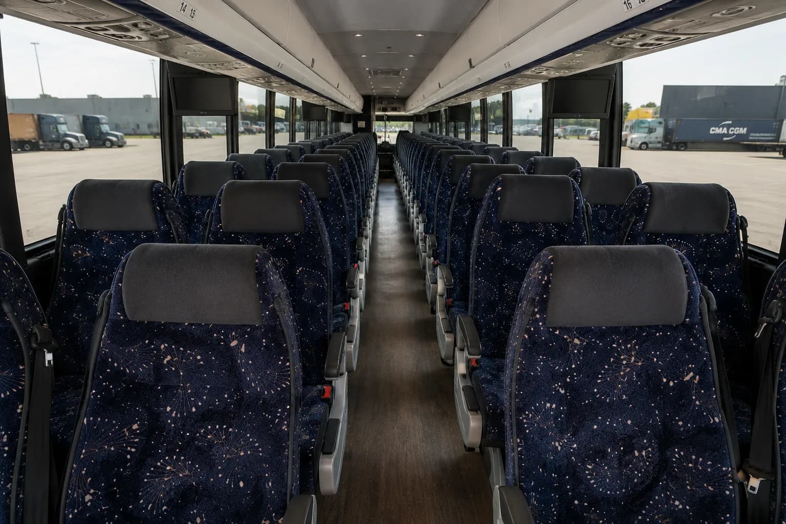 Coach bus interior with reclining seats