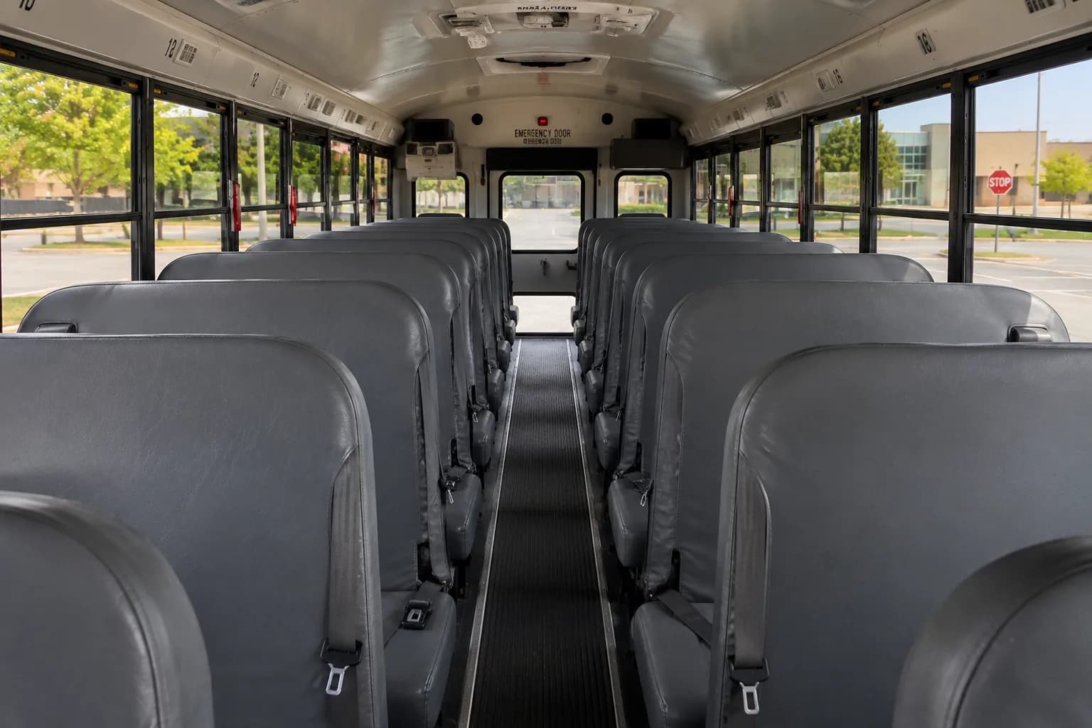 School bus interior with bench seating