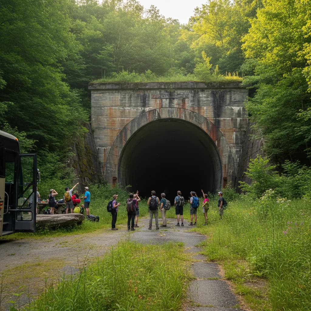 The dark mouth of an abandoned turnpike tunnel with cracked pavement leading into it