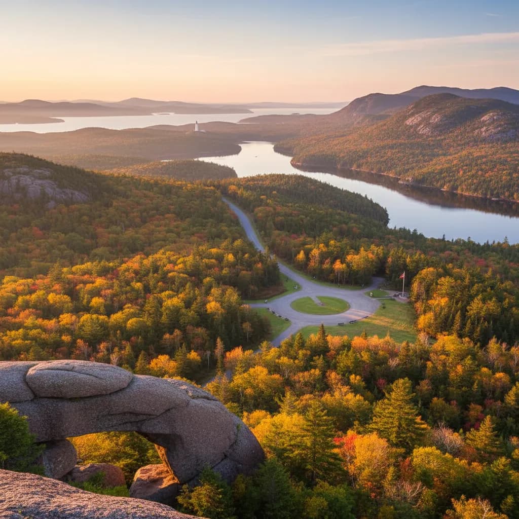 A motorcoach parked at an Acadia overlook with passengers walking toward the viewpoint on an autumn morning