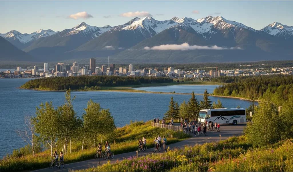 The Anchorage skyline across Cook Inlet with the snow-covered Chugach Mountains behind it, and a motorcoach parked at a trailhead overlook in the foreground