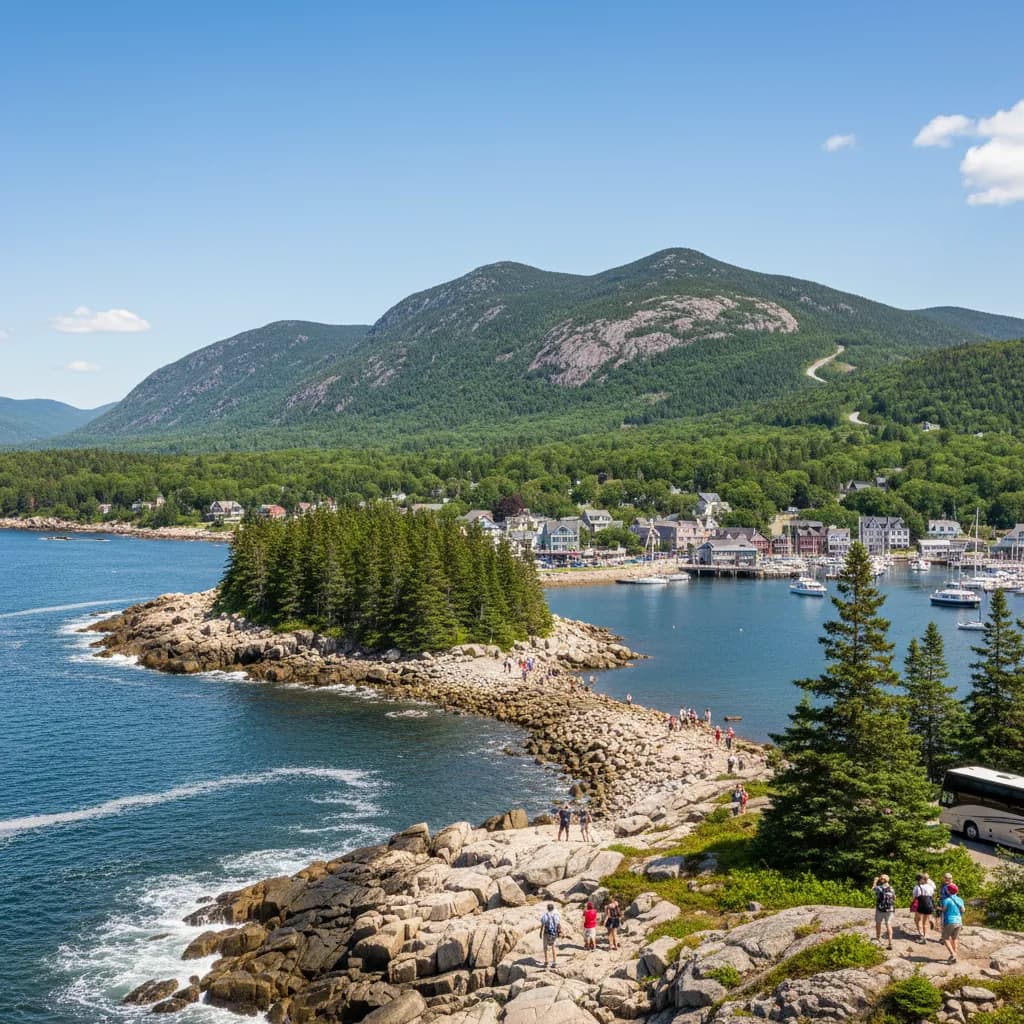 Lobster boats moored in the harbour at Bar Harbor, Maine, with the hills of Mount Desert Island rising behind the town