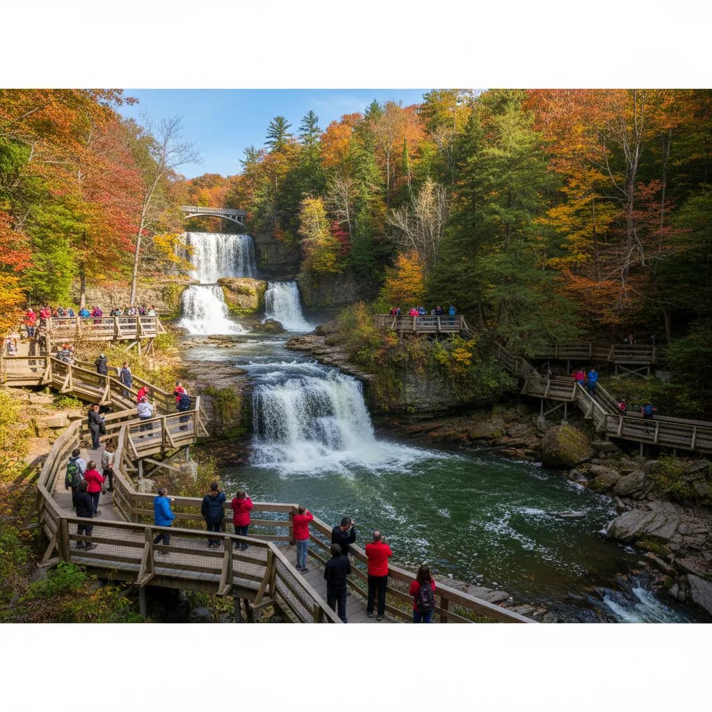 The main hundred-foot waterfall at Bushkill Falls dropping into a wooded gorge