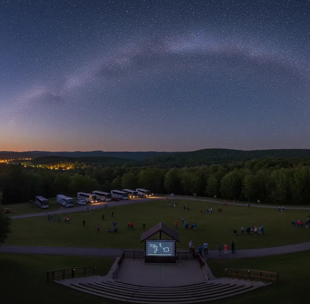 Silhouetted stargazers and telescopes on the observation field under a dense star field
