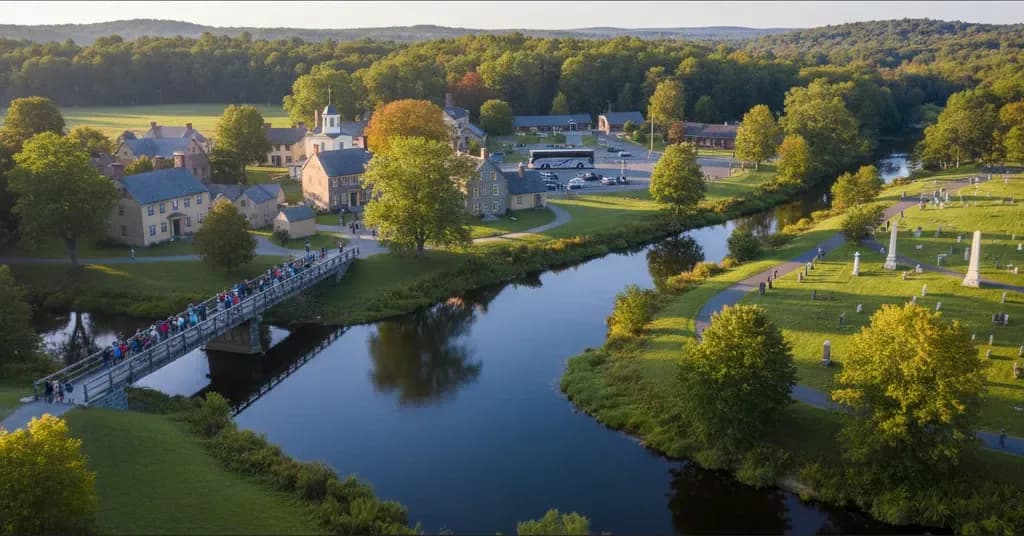The wooden Old North Bridge over the Concord River with the Minute Man statue beyond