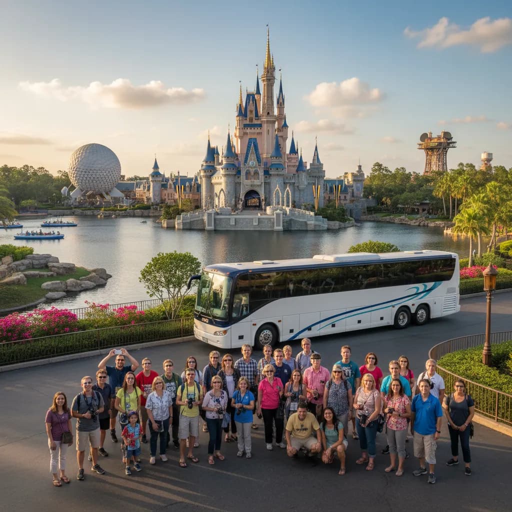 A motorcoach waiting in the charter bus loop outside a Walt Disney World theme park entrance in Orlando, Florida