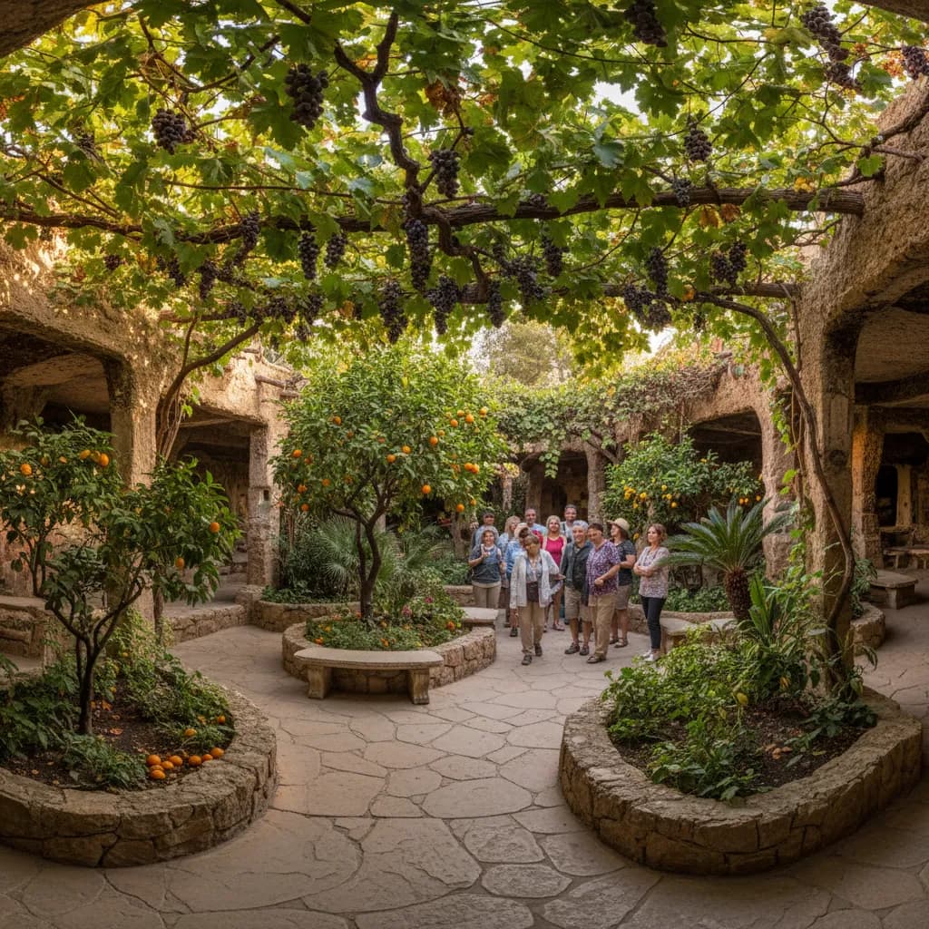 A sunlit courtyard opening into hand-dug stone passages at Forestiere Underground Gardens in Fresno