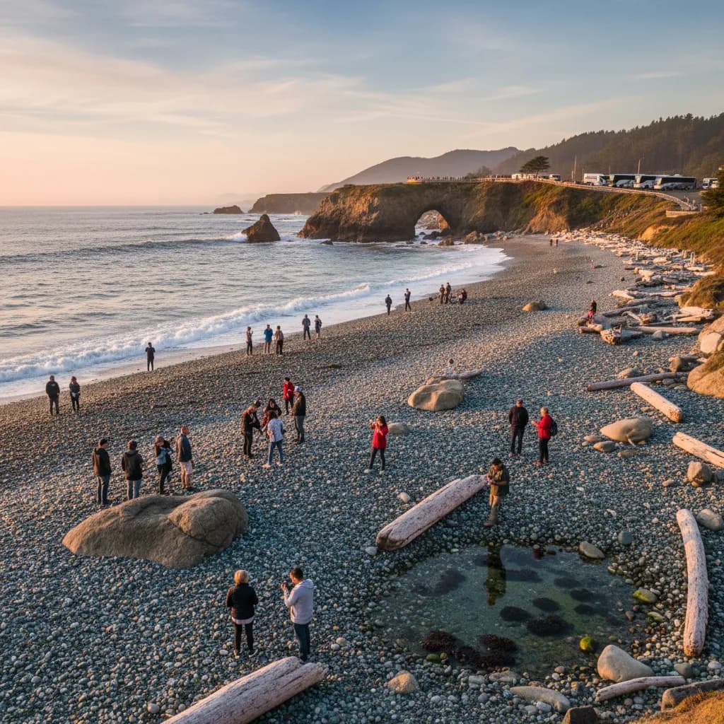 The rocky Mendocino coastline north of Fort Bragg with surf breaking against low cliffs