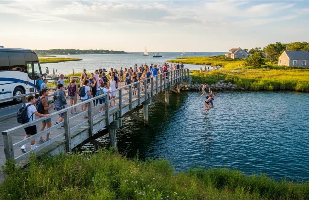 The low concrete span of the American Legion Memorial Bridge between Edgartown and Oak Bluffs