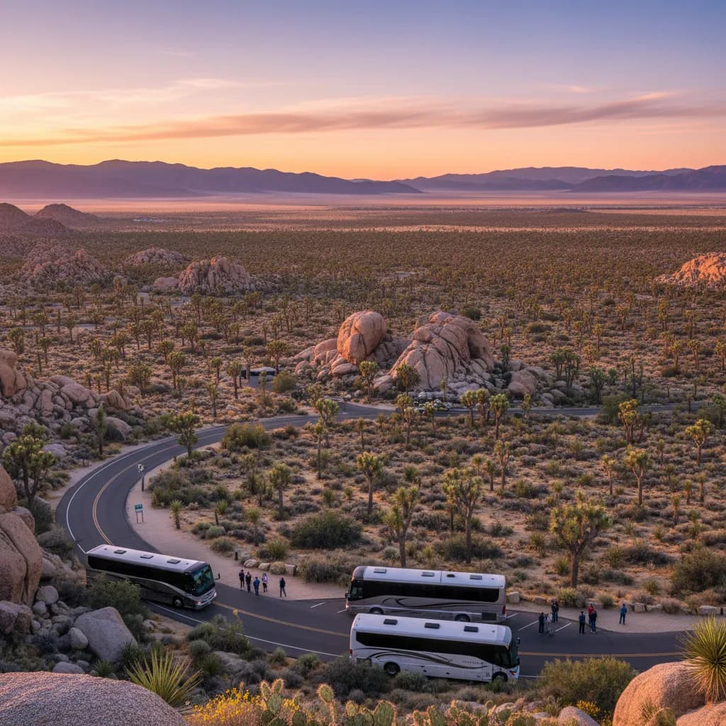 A group walking among boulder formations on a trail in Joshua Tree National Park