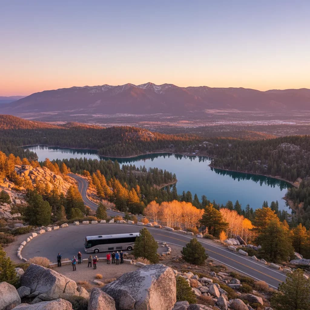 A skier boarding a coach at the base of Mammoth Mountain on a winter morning