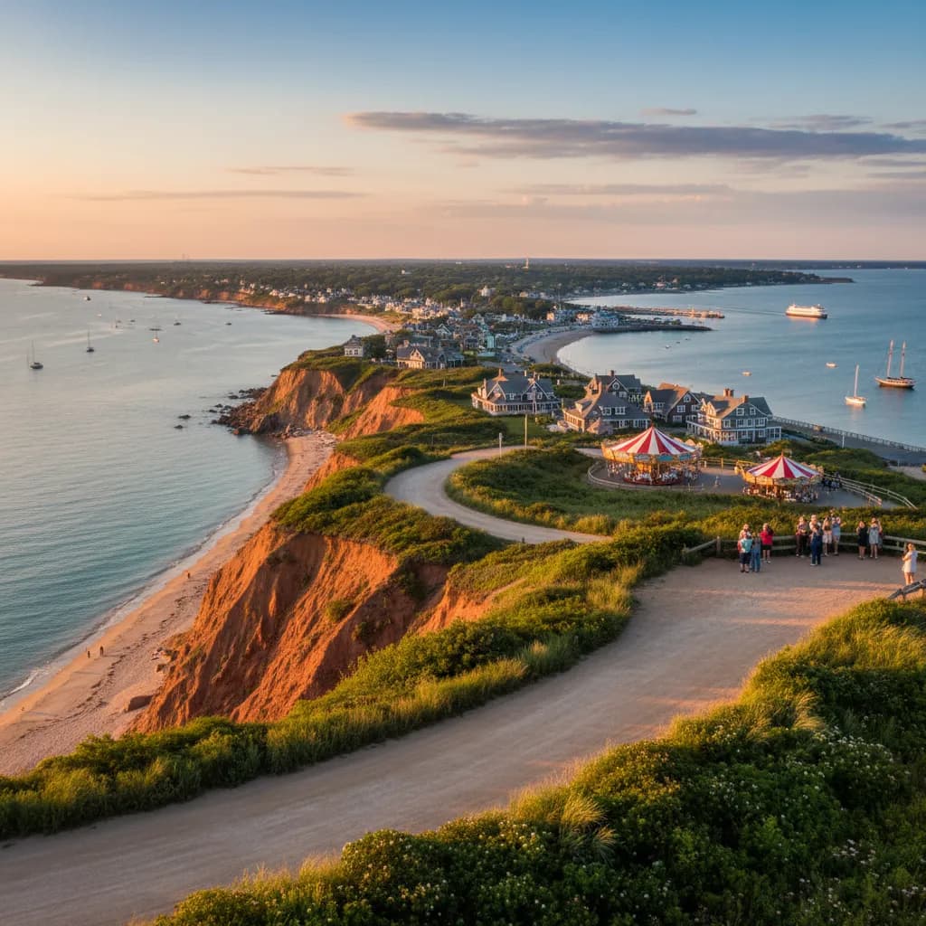 The red clay Aquinnah Cliffs above the water at the western end of Martha's Vineyard