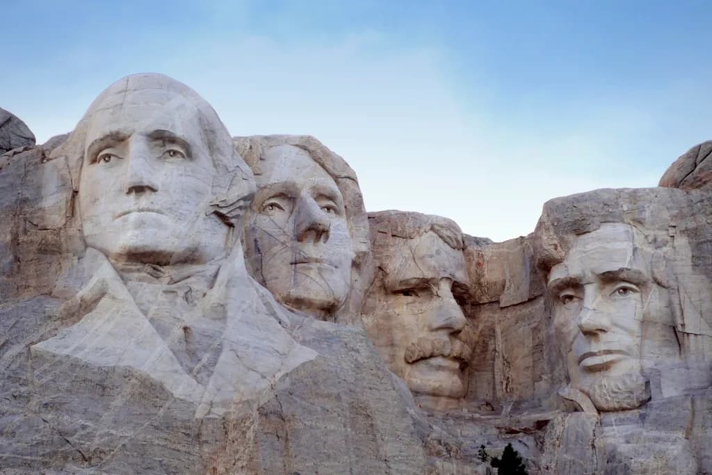 Close view of the four presidents' faces carved into the granite of Mount Rushmore