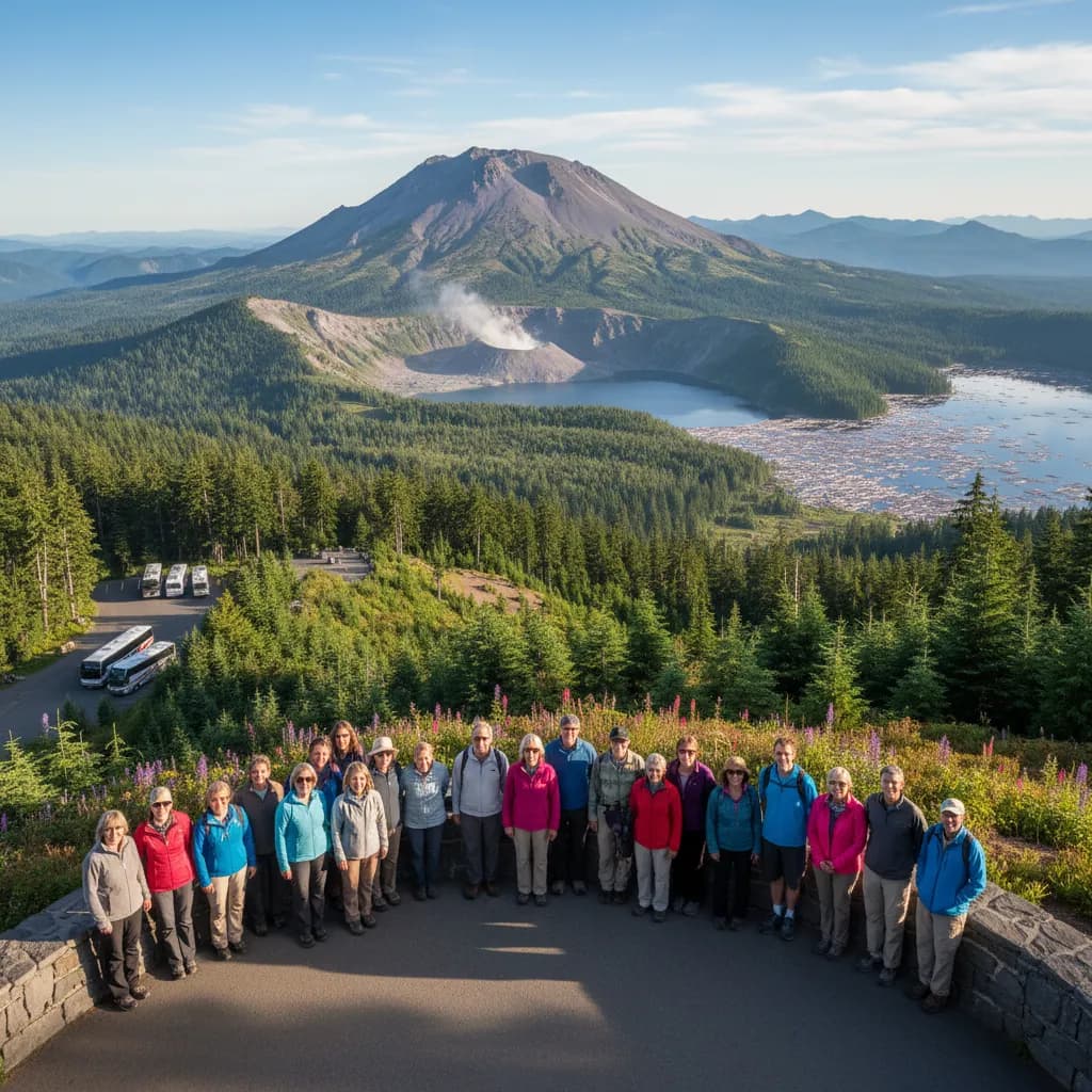 The breached crater of Mount St. Helens above the blast zone and regrowing forest