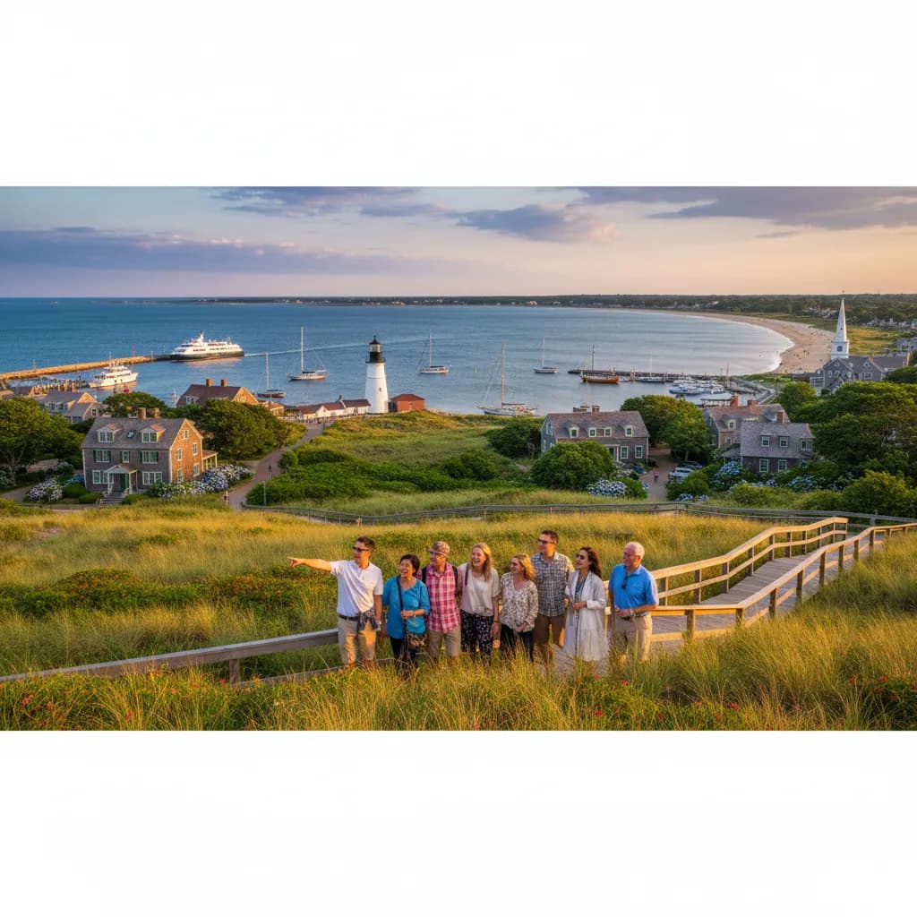 Brant Point Lighthouse at the entrance to Nantucket Harbor with boats moored behind it