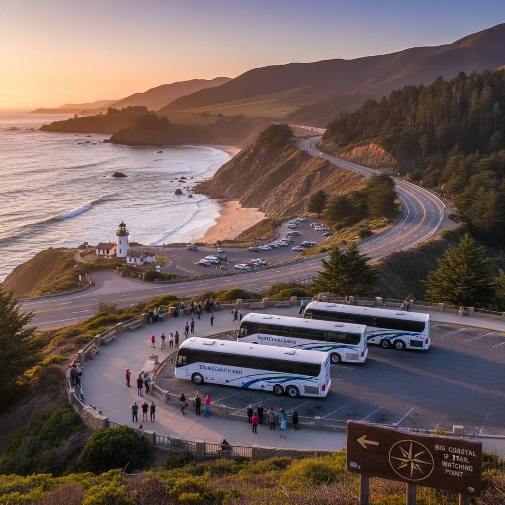 Passengers standing at a Pacific Coast Highway overlook photographing the coastline