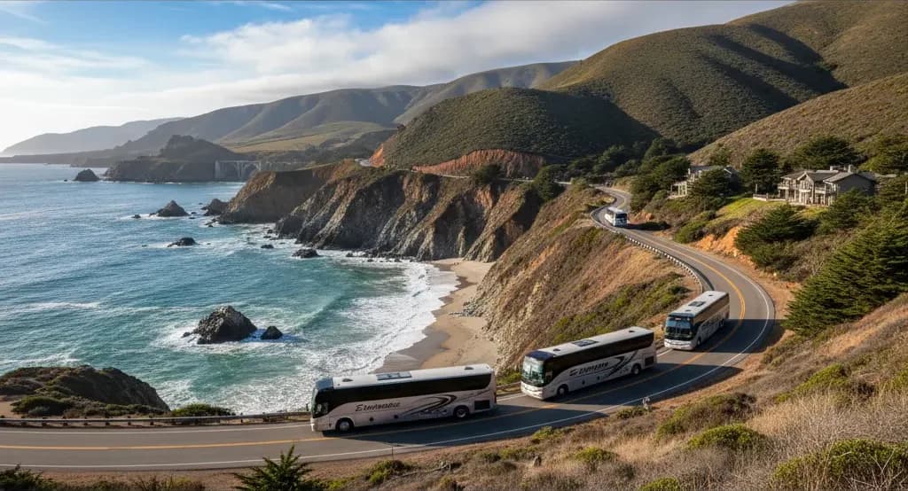 A motorcoach on the Pacific Coast Highway with the ocean and cliffs falling away below