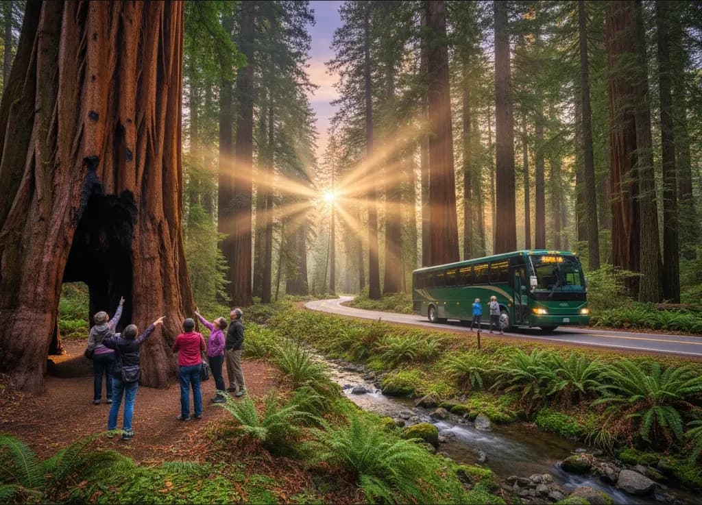A group standing at the base of a coast redwood, dwarfed by the trunk