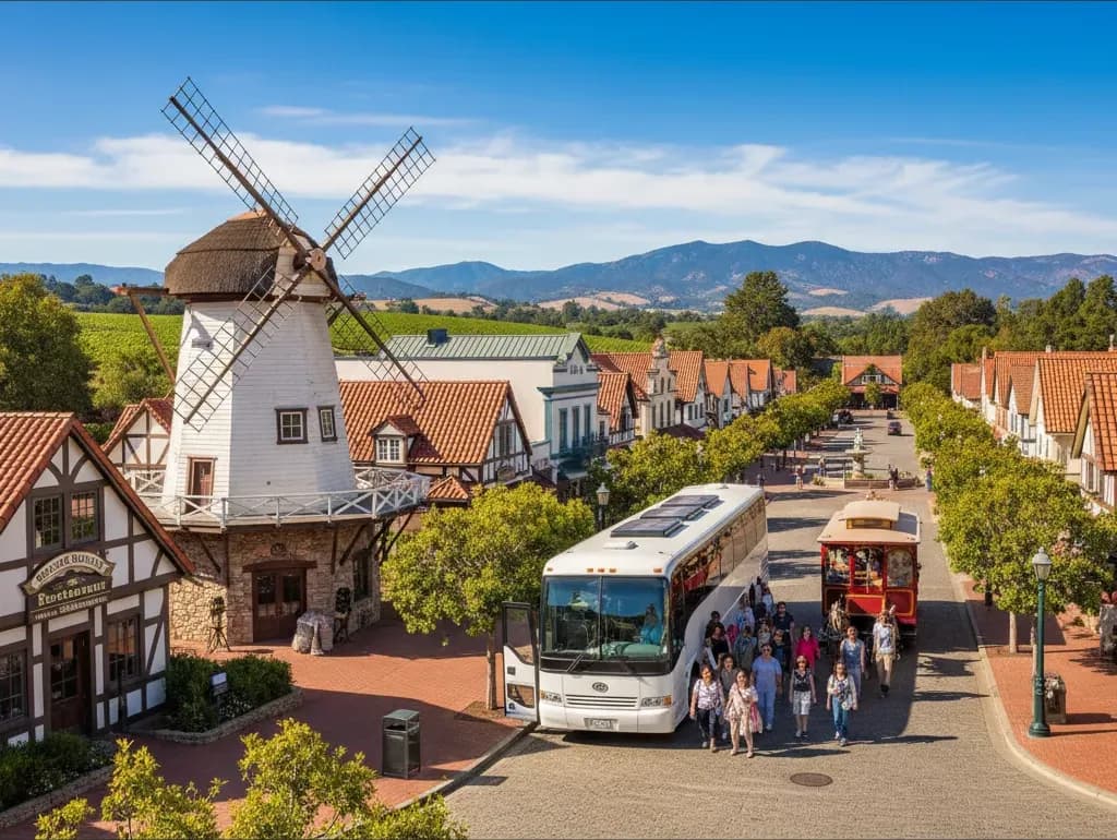 Half-timbered buildings and a wooden windmill on the main street of Solvang, California