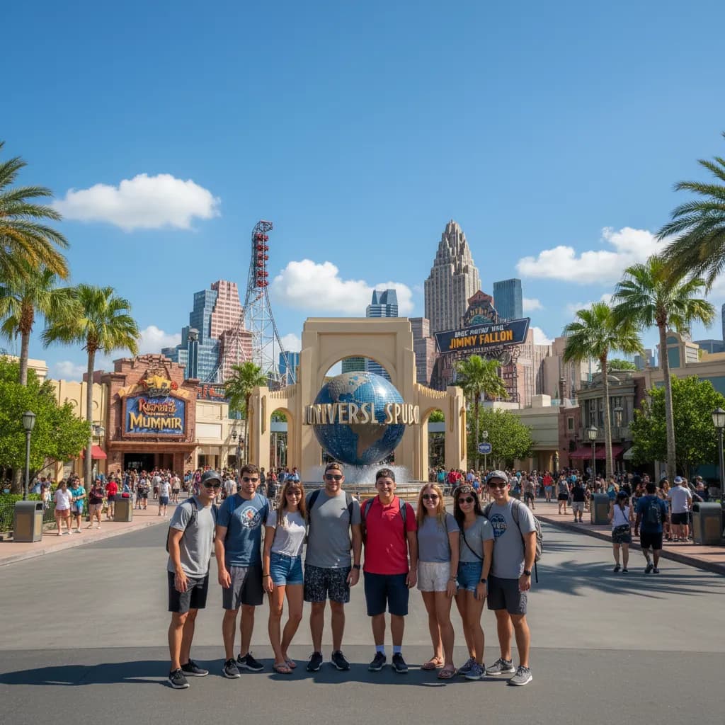 The globe and entrance archway at Universal Studios Florida in Orlando with guests arriving in the morning