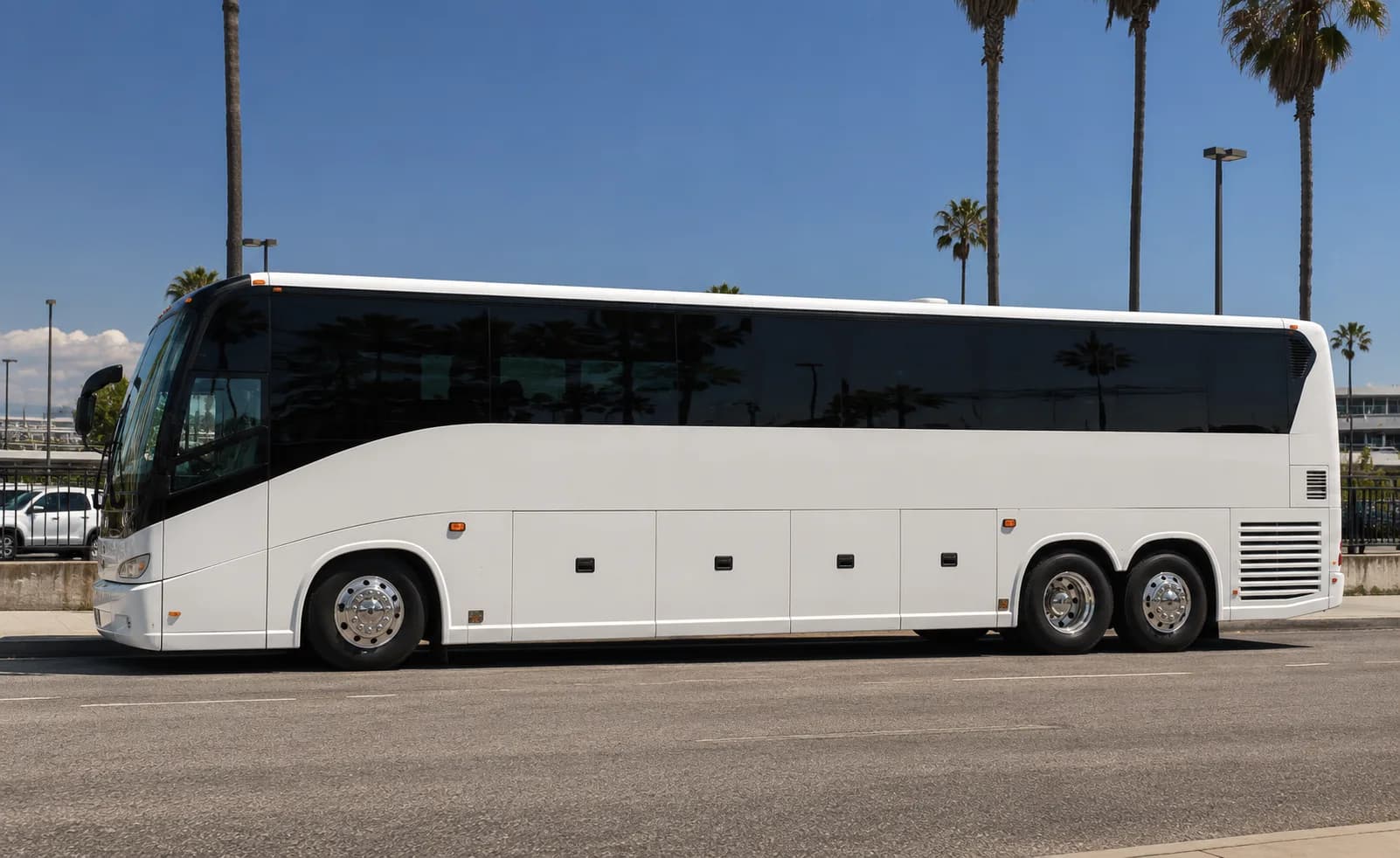 Full-size charter bus parked and ready ahead of a group departure
