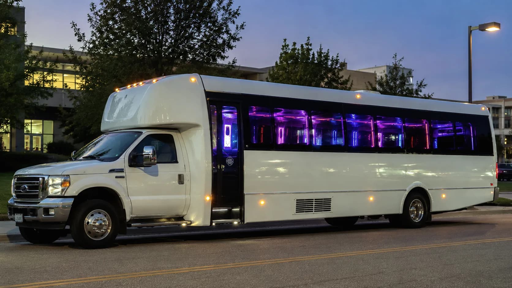 Party bus exterior at night